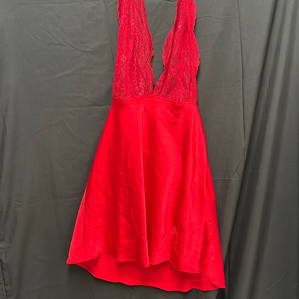Mini lingerie dress in red. Super sexy. Halter top with sheer lace.
